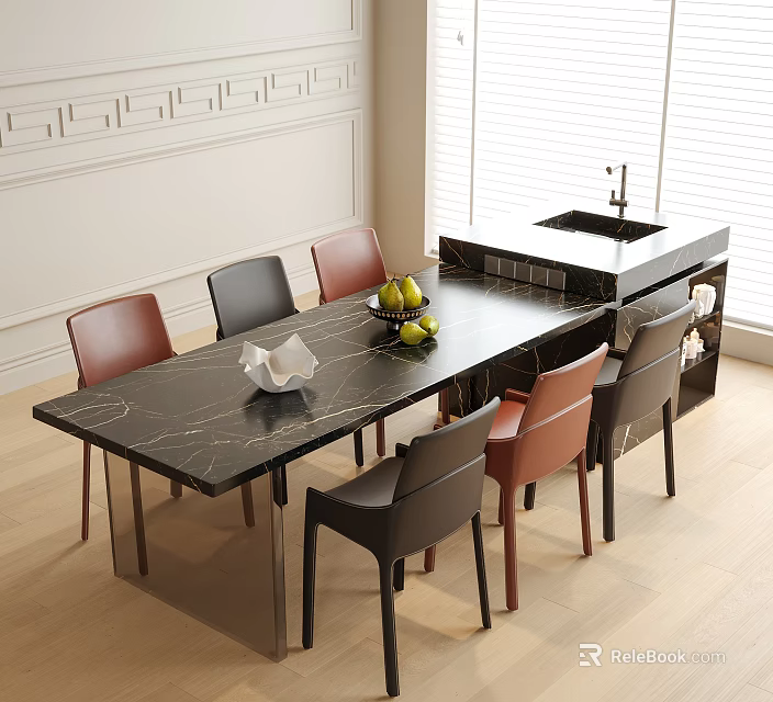 Elegant Modern Interior Dining Table and Chairs Set with Black Marble Top and Brown Seats 3d model 
