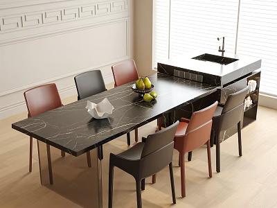 Elegant Modern Interior Dining Table and Chairs Set with Black Marble Top and Brown Seats 3d model
