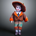 Childrens Vintage Doll With Large Hat Brown Orange Coat Green Plaid Shorts And Purple Shoes