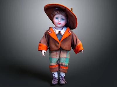 Childrens Vintage Doll With Large Hat Brown Orange Coat Green Plaid Shorts And Purple Shoes 3d model