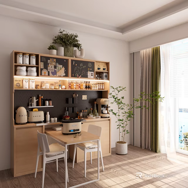 Modern Sideboard with Open Shelves Jars Plants Coffee Machine Near Dining Table and Natural Light 3d model 