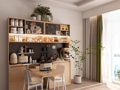 Modern Sideboard with Open Shelves Jars Plants Coffee Machine Near Dining Table and Natural Light 3d model