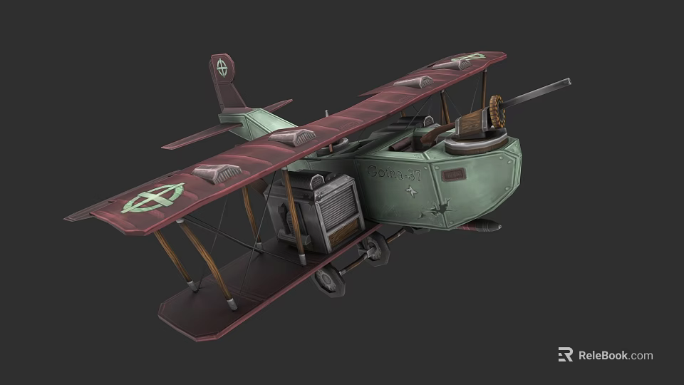 Vintage Biplane Fighter Plane With Green Fuselage Red Wings And Machine Gun 3d model 