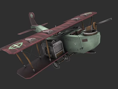 Vintage Biplane Fighter Plane With Green Fuselage Red Wings And Machine Gun 3d model