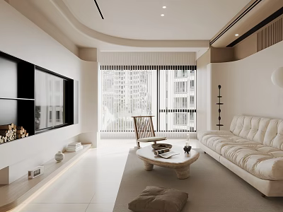 Modern Living Dining Room Interior Design With White Sofa Round Coffee Table And Large Windows 3d model