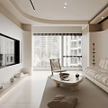 Modern Living Dining Room Interior Design With White Sofa Round Coffee Table And Large Windows