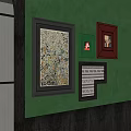 Green Wall Decorated With Various Picture Frames Including Floral Portrait And Geometric Designs