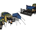 Outdoor Camping Tent Setup On Wooden Deck With Campfire and Cooking Gear
