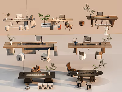 Modern Wooden Tea Table And Chairs Set With Plants And Tea Utensils 3d model