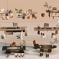 Modern Wooden Tea Table And Chairs Set With Plants And Tea Utensils
