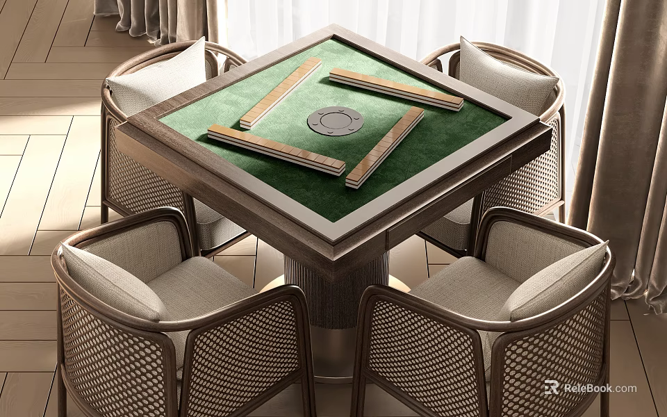 Modern Wooden Mahjong Entertainment Table With Green Felt Mahjong Tiles Poker Chips And Rattan Chairs 3d model 