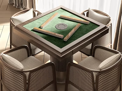 Modern Wooden Mahjong Entertainment Table With Green Felt Mahjong Tiles Poker Chips And Rattan Chairs 3d model