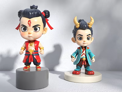 Cute Cartoon Dolls with Bun Hairstyle Red Outfit and Horned Blue Clothing on Round Bases 3d model