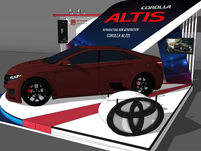 Car Exhibition Shelf Displaying Red Toyota Corolla Altis With Backdrop And Logo 3d model