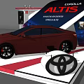 Car Exhibition Shelf Displaying Red Toyota Corolla Altis With Backdrop And Logo