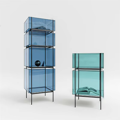 Modern Entryway Console Cabinet And Side Cabinet With Glass Shelves And Black Metal Frame 3d model