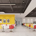 Bright Cafeteria Interior With Yellow Wall Tables Chairs And Ceiling Lights 3d model