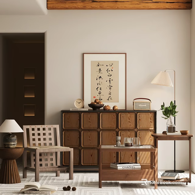 Wooden Chest of Drawers in Chinese Style with Calligraphy Artwork Side Chair and Decorative Items 3d model 