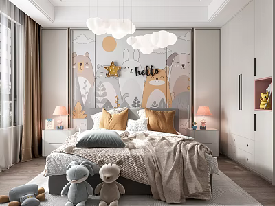 Cozy Children's Room Interior With Cartoon Animal Wallpaper Cloud Pendant Lights And Plush Toys 3d model