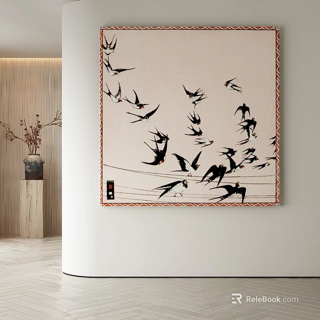 Abstract Painting With Black Flying Birds On Light Background Red Border Frame Modern Interior Wall 3d model
