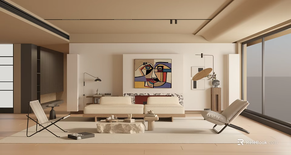 Modern Living and Dining Room Interior Design With Sofa Dining Table And Wall Artwork 3d model