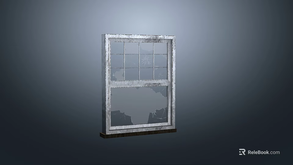 Single Pane Vintage Broken Window With Cracked Glass And Weathered Frame 3d model