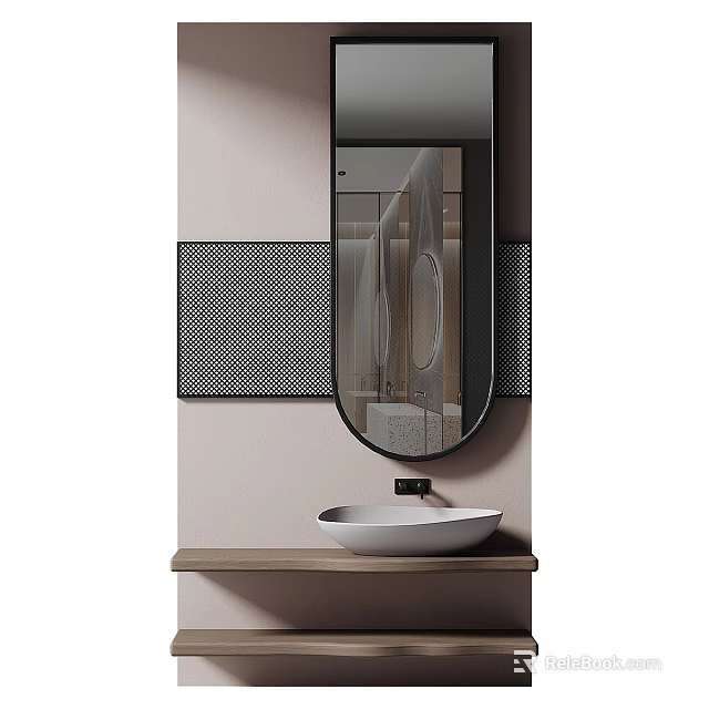 Modern White Ceramic Washbasin On Wooden Countertop With Oval Mirror And Decorative Wall Tiles 3d model 