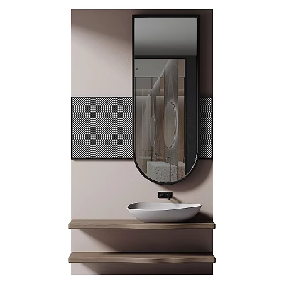 Modern White Ceramic Washbasin On Wooden Countertop With Oval Mirror And Decorative Wall Tiles 3d model