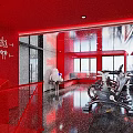 Red Themed Modern Fitness Gym Interior With Fitness Equipment And Bright Windows