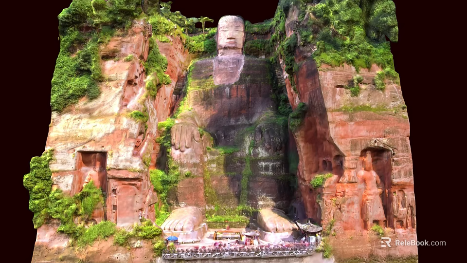 Scenic Garden Landscape Featuring Giant Rock Carving And Dense Mountain Vegetation 3d model 