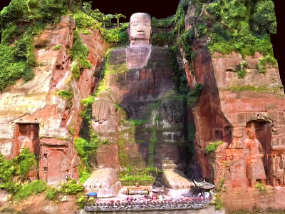 Scenic Garden Landscape Featuring Giant Rock Carving And Dense Mountain Vegetation 3d model