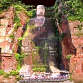 Scenic Garden Landscape Featuring Giant Rock Carving And Dense Mountain Vegetation