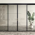 Modern Black Framed Glass Sliding Doors In Interior With Green Plant