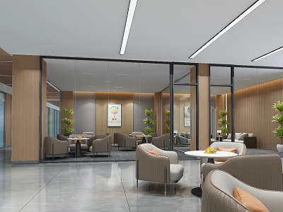 Modern Lounge Area with Glass Partitions Wooden Walls Sofas Round Tables Greenery and Decorative Paintings 3d model