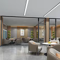 Modern Lounge Area with Glass Partitions Wooden Walls Sofas Round Tables Greenery and Decorative Paintings