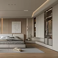 Modern Bedroom Interior With Large Windows Blinds White Chair Floor Lamp And Wooden Walls