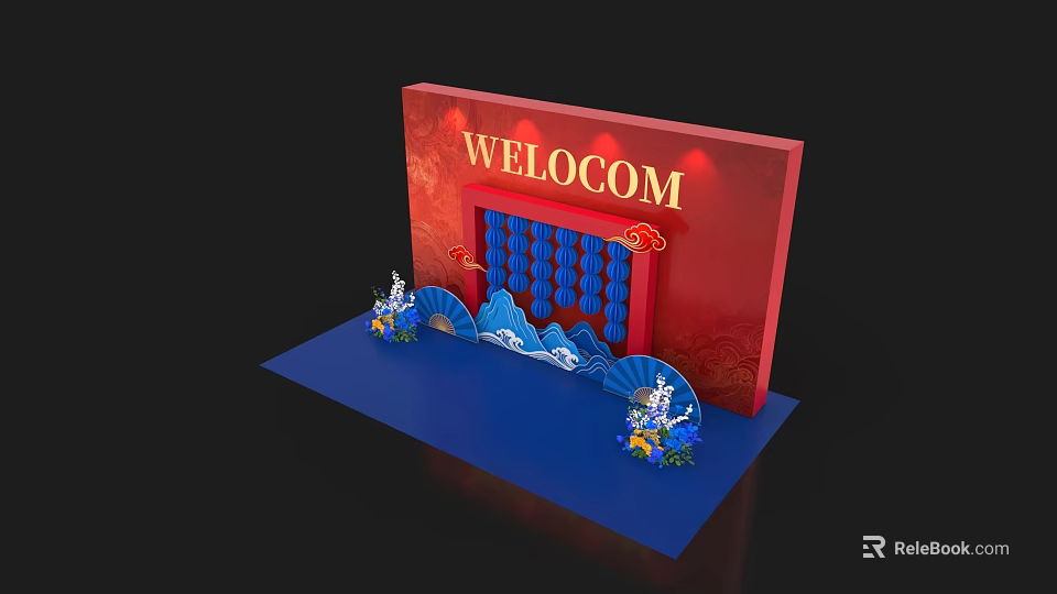 Traditional Chinese Photo Spot With Red Welcome Board And Blue Fan Decorations 3d model 
