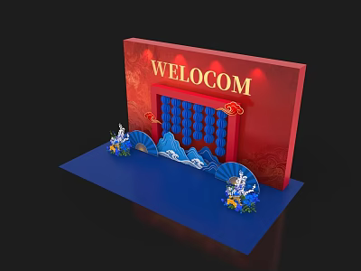 Traditional Chinese Photo Spot With Red Welcome Board And Blue Fan Decorations 3d model