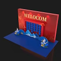 Traditional Chinese Photo Spot With Red Welcome Board And Blue Fan Decorations