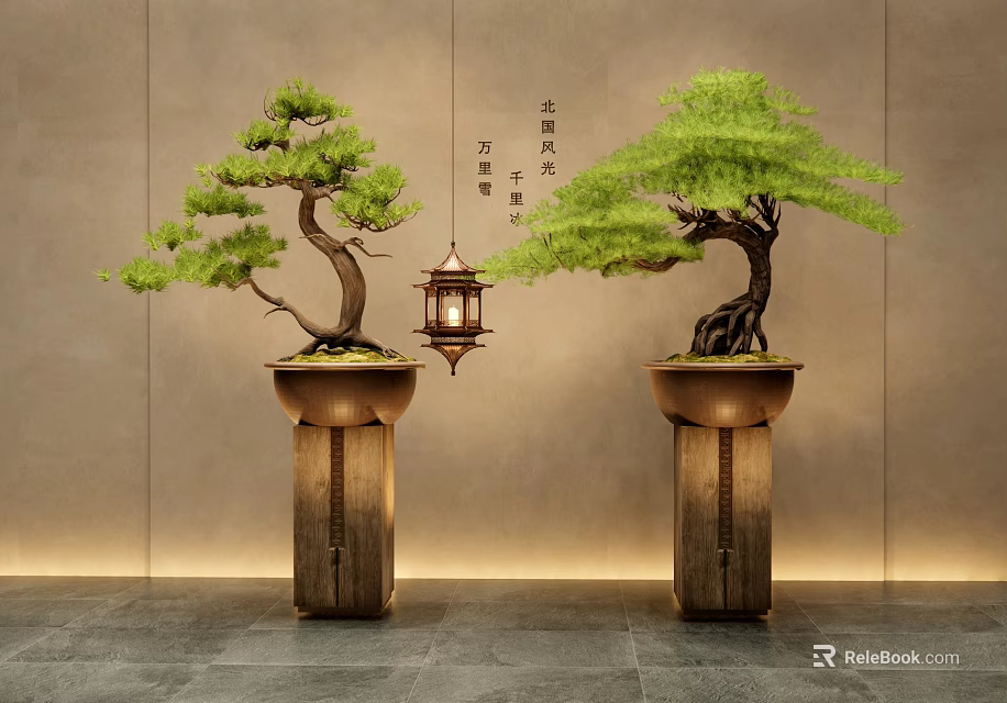 Two Bonsai Trees On Wooden Pedestals With Hanging Lantern And Neutral Wall 3d model 
