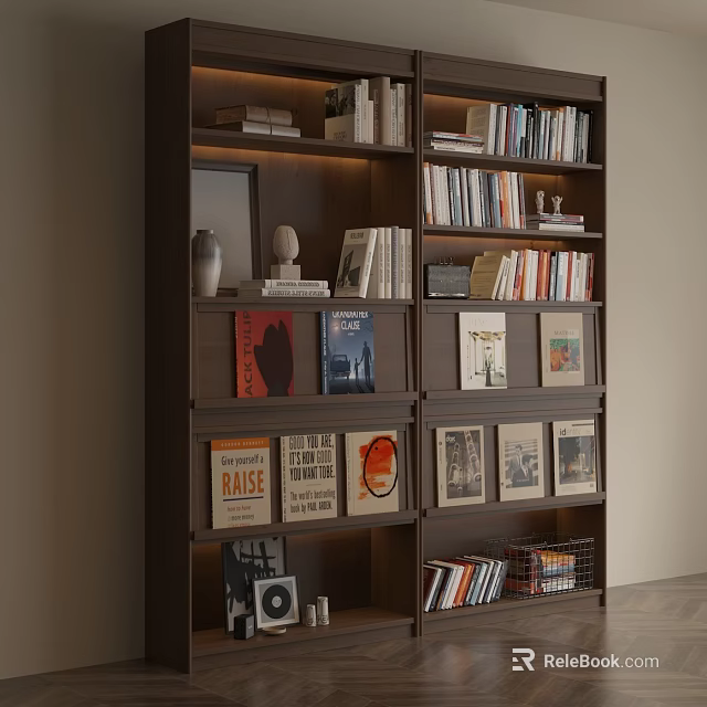 Modern Dark Brown Wooden Bookshelf With Books Art Prints And Decorative Items 3d model 