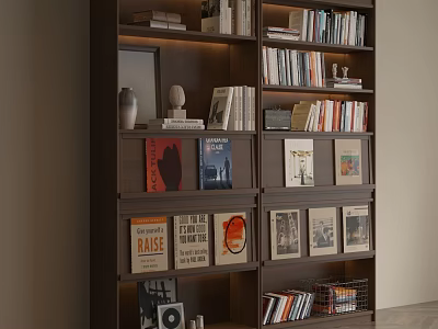Modern Dark Brown Wooden Bookshelf With Books Art Prints And Decorative Items 3d model