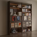 Modern Dark Brown Wooden Bookshelf With Books Art Prints And Decorative Items