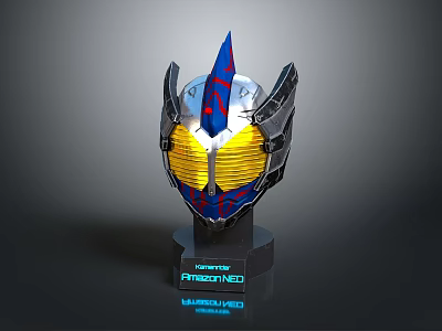 Armored Tactical Helmet With Blue Spiked Top Yellow Visor And Silver Armor Details 3d model