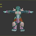 Mythical Creature Fantasy Character With Spiked Armor Blue Skin Red White Gear Arms Outstretched