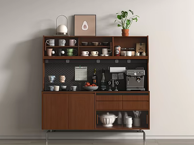 Modern Brown Wooden Sideboard with Open Shelves Potted Plant Coffee Machine and Dishes 3d model