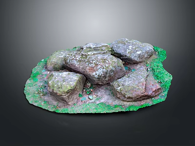 Rustic Wood and Stone Decorative Display With Green Moss Covered Base and Stones 3d model