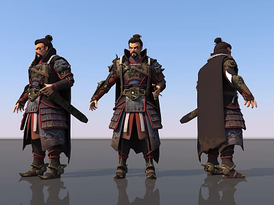 Ancient Warrior Creature In Traditional Armor With Sword Three Angles View 3d model