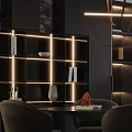 Modern Restaurant Interior With Dark Furniture Wine Racks Elegant Lighting And Dining Tables