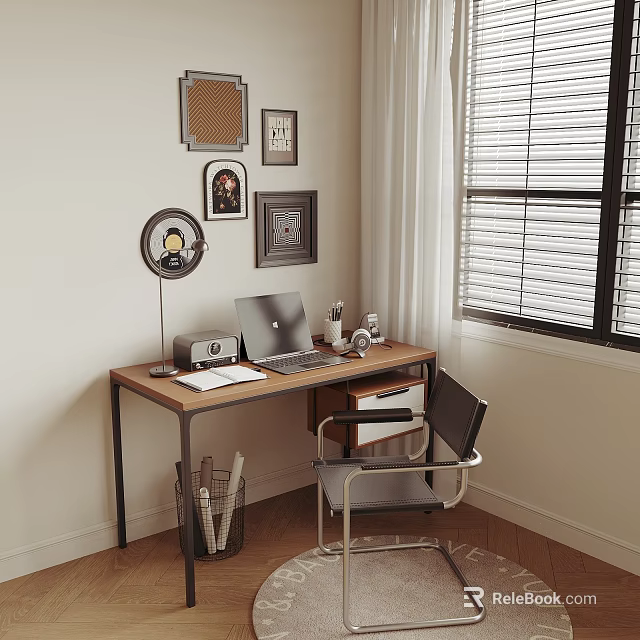 Cozy Desk With Wooden Top Metal Legs Laptop Lamp Photo Frames Bulletin Board Window Blinds 3d model 